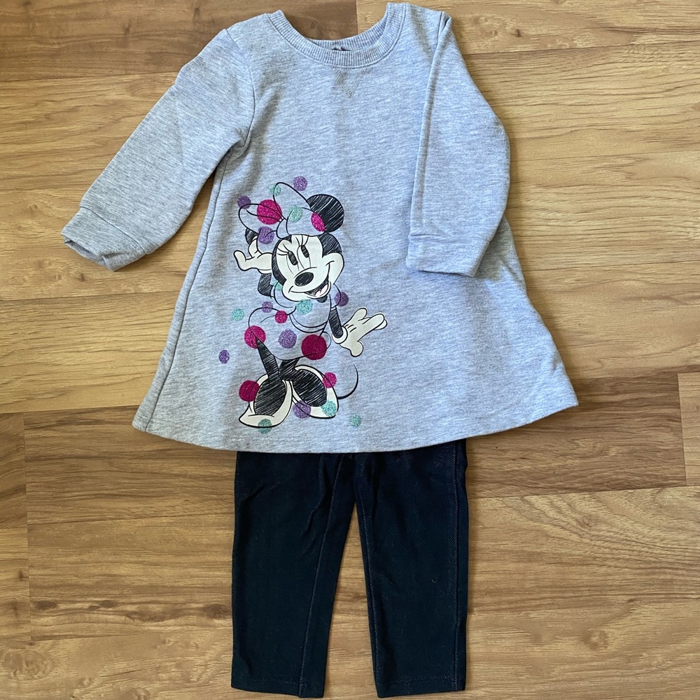 Disney sweater dress and dark blue ruffle jegging
